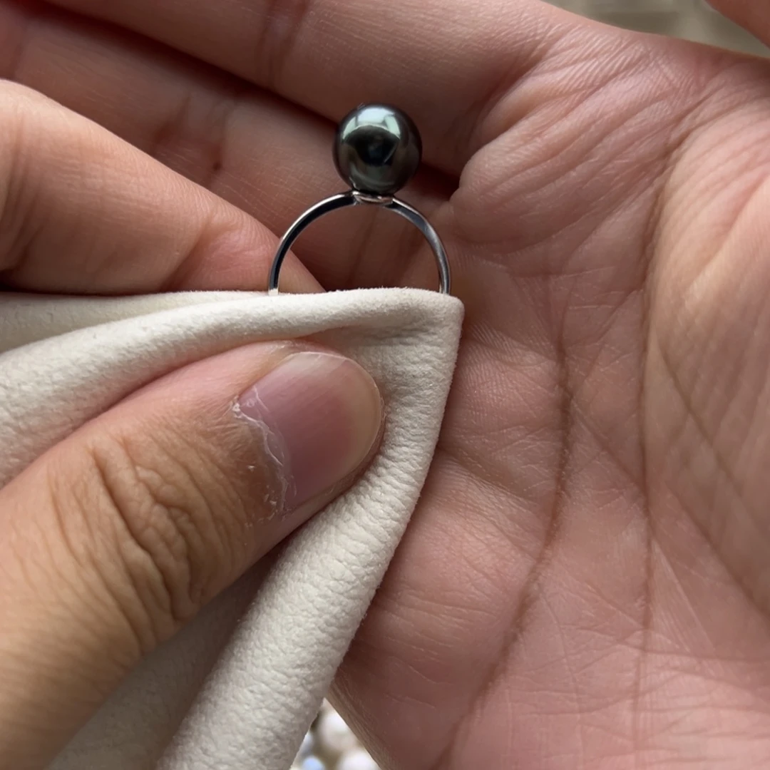 银S925镶嵌戒指海水珍珠9mm正圆大溪地绿调戒指