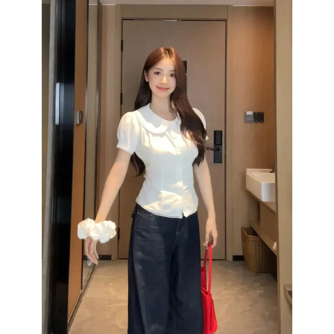法式白色娃娃领衬衫女夏季2025新款设计感收腰修身短款短袖上衣