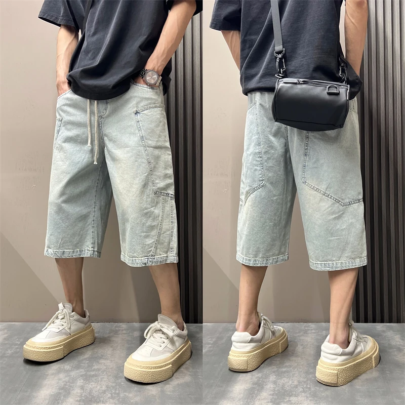 美式潮流高级感做旧水洗新款七分宽松痞帅牛仔裤夏季男士弯刀短裤