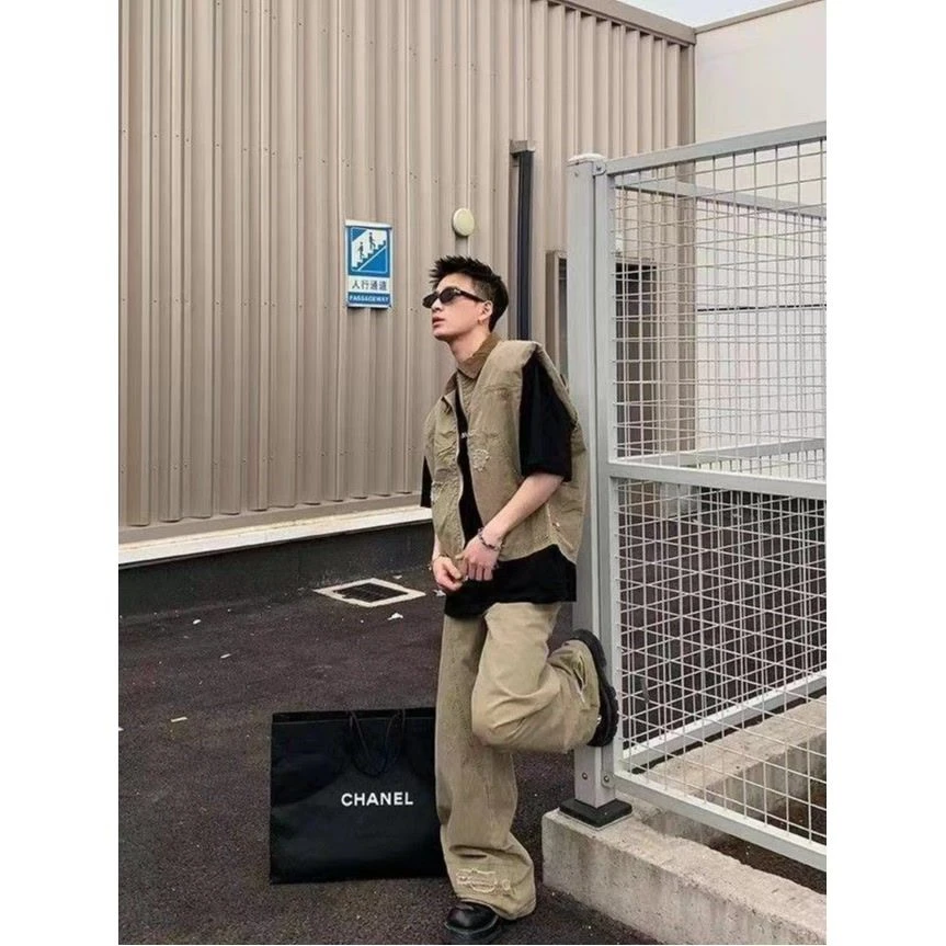 美式潮牌复古牛仔夹克夏季卡其廓形设计坎肩马甲直筒拖地裤套装男