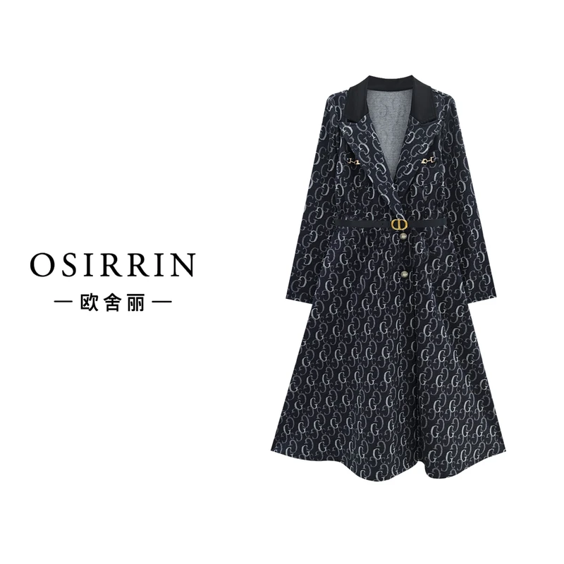OSIRRIN秋季法式气质时尚收腰轻奢长袖连衣裙Q9310