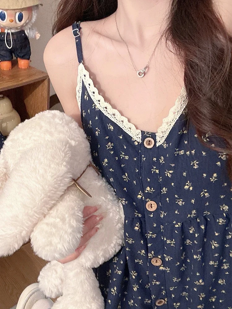 韩版碎花冰蓝吊带纯欲三件套睡衣女夏短袖长裤法式欧若风家居服