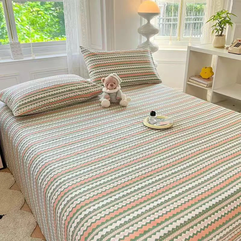 原棉老粗布条纹绿三件套枕套棉麻亚麻四季款小清新床上三件套