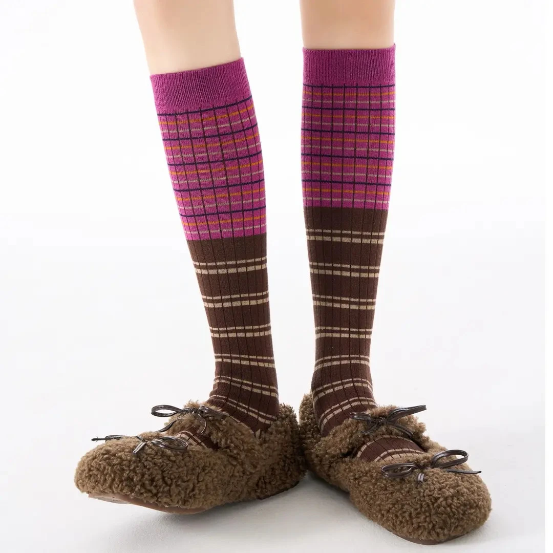 格纹小腿袜子女士时尚美腿显瘦撞色长筒袜配长靴堆堆袜早秋膝袜d