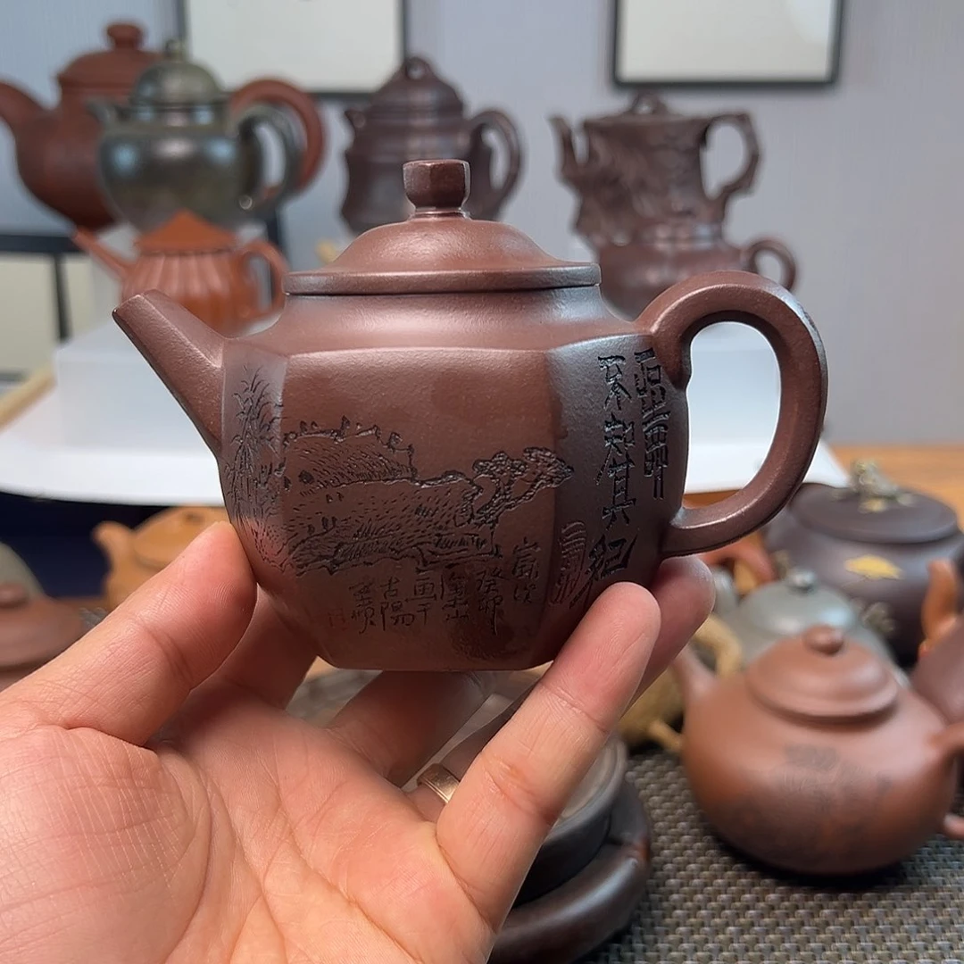 紫砂茶壶六方壶，紫泥