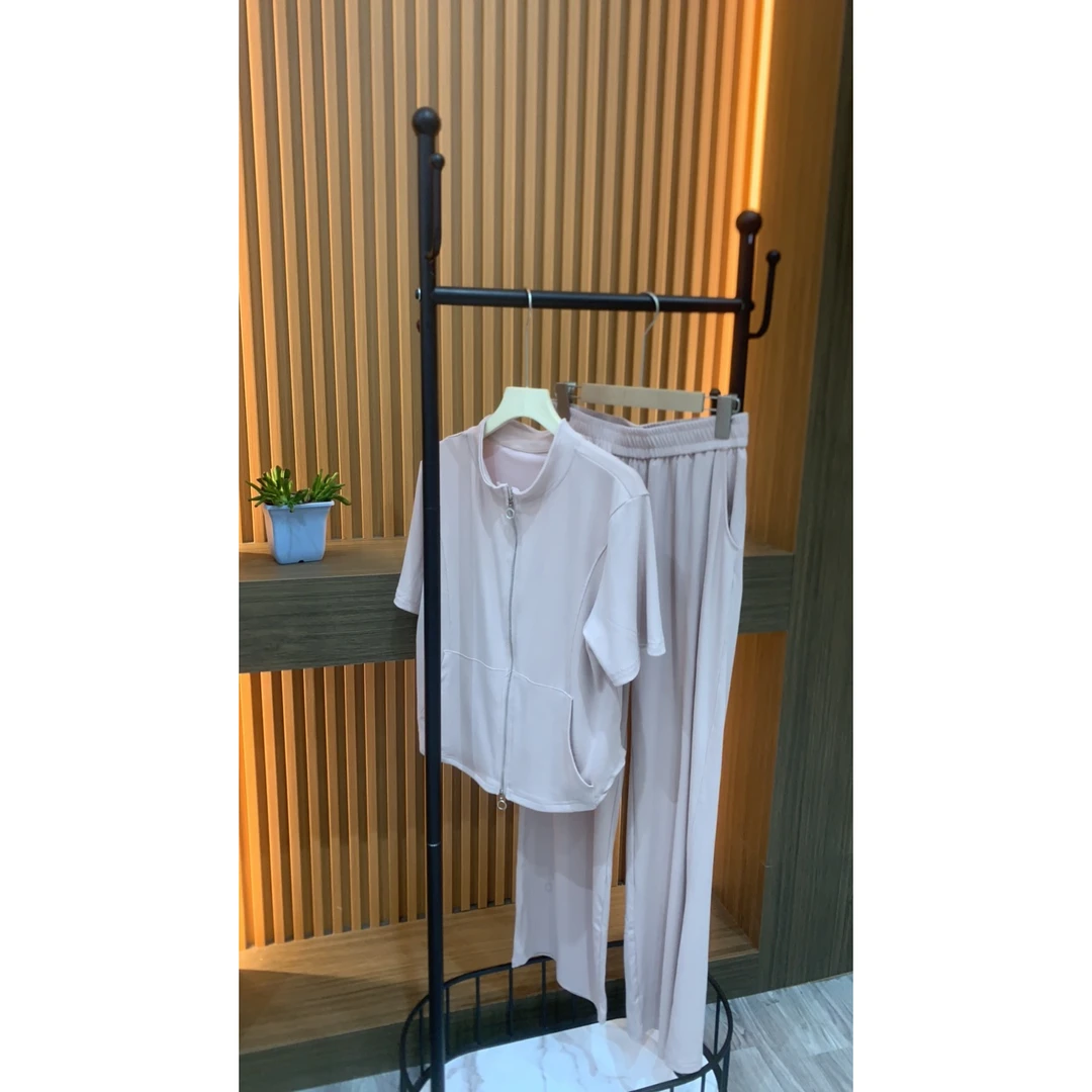 2091 夏季纯色时尚套装拉链小立领