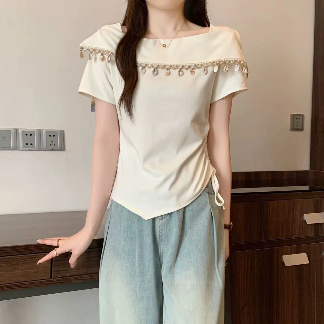 5007韩版时尚复古重工流苏设计方领短袖t恤女夏季新款抽褶上衣
