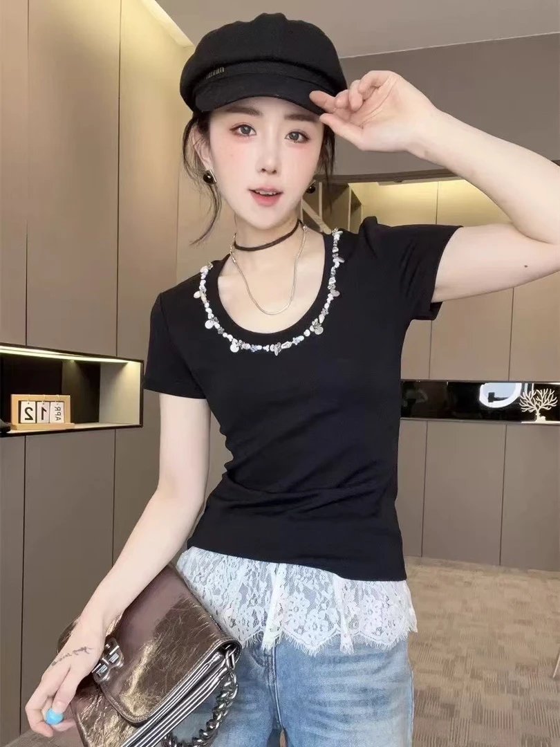 短袖T恤女2025早春新款欧洲站女装设计感重工装饰打底衫圆领上衣