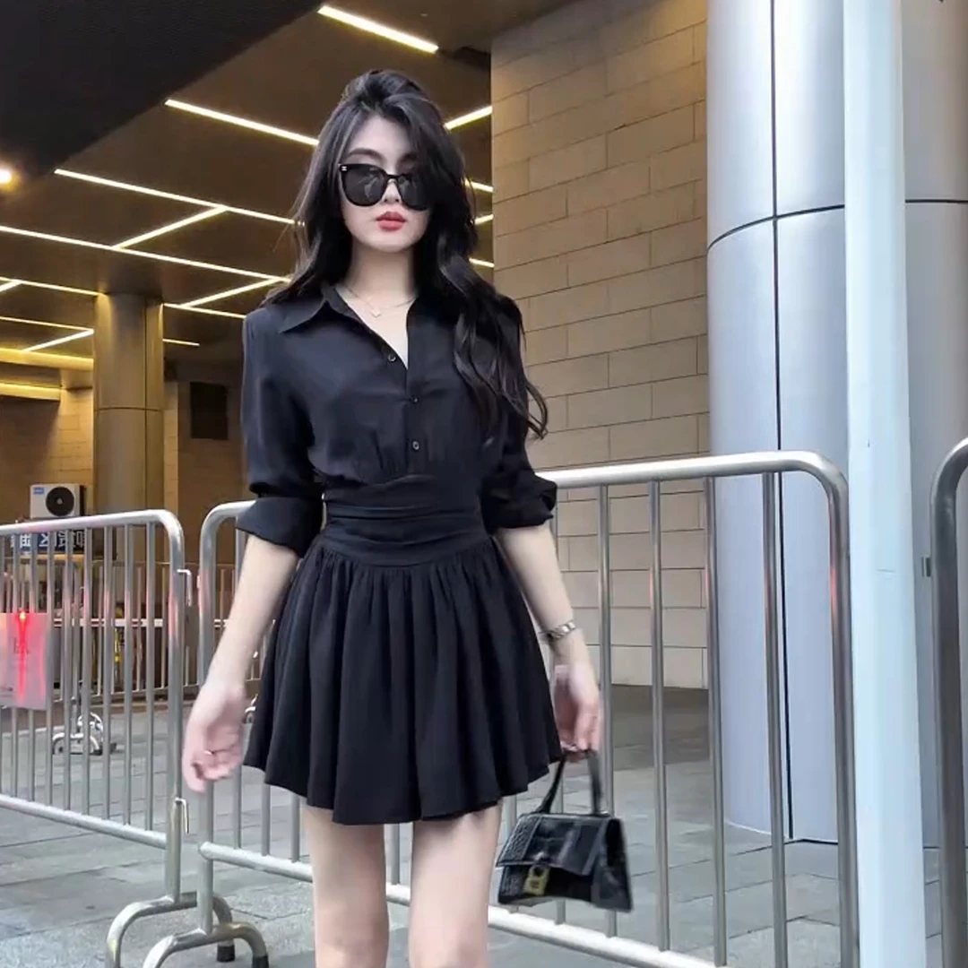 爆爆兔-大码女装高个子性感气质长袖衬衫连衣裙褶皱掐腰短裙13206