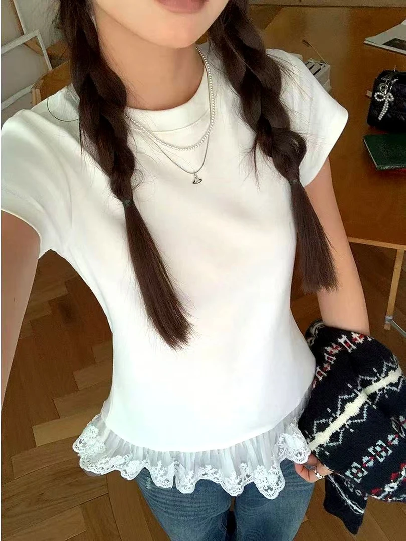 芭蕾风白色正肩短袖T恤女夏季蕾丝花边打底衫短款chic甜辣妹上衣