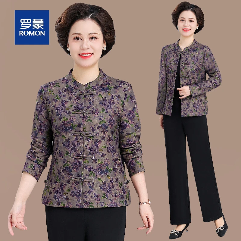 罗蒙妈妈秋装外套新款国风套装中老年春秋唐装上衣奶奶碎花风衣
