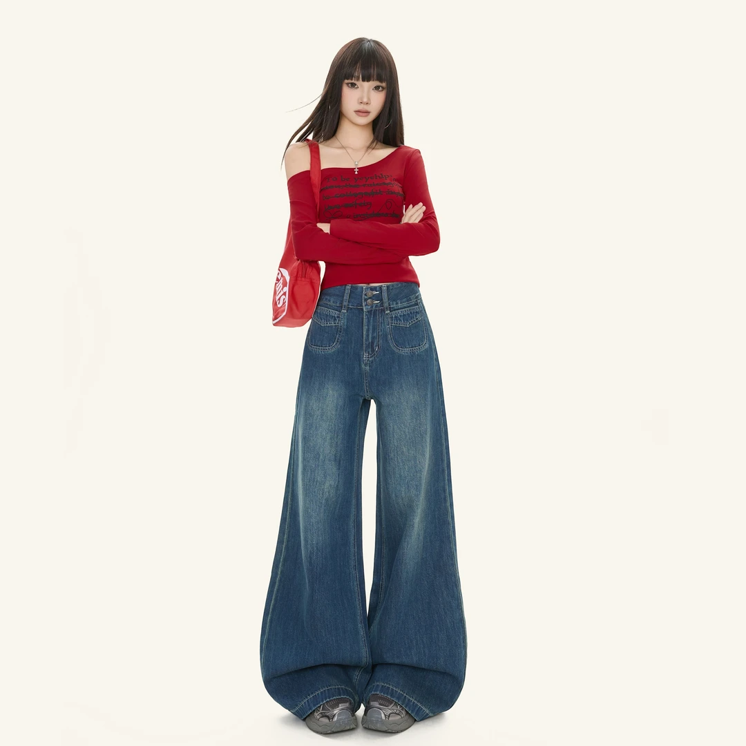 MNGRL 复古深蓝色阔腿牛仔裤女排扣口袋设计直筒裤宽松垂感拖地裤