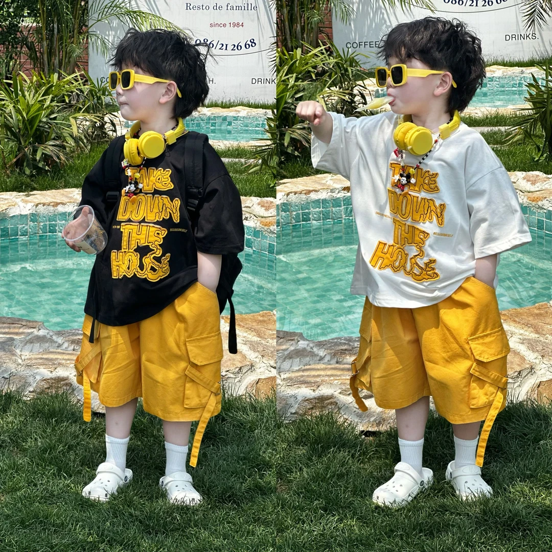 【现货】kb7144&7145|【盛夏•奶酪】夏季儿童韩版贴布字母撞色T恤整套