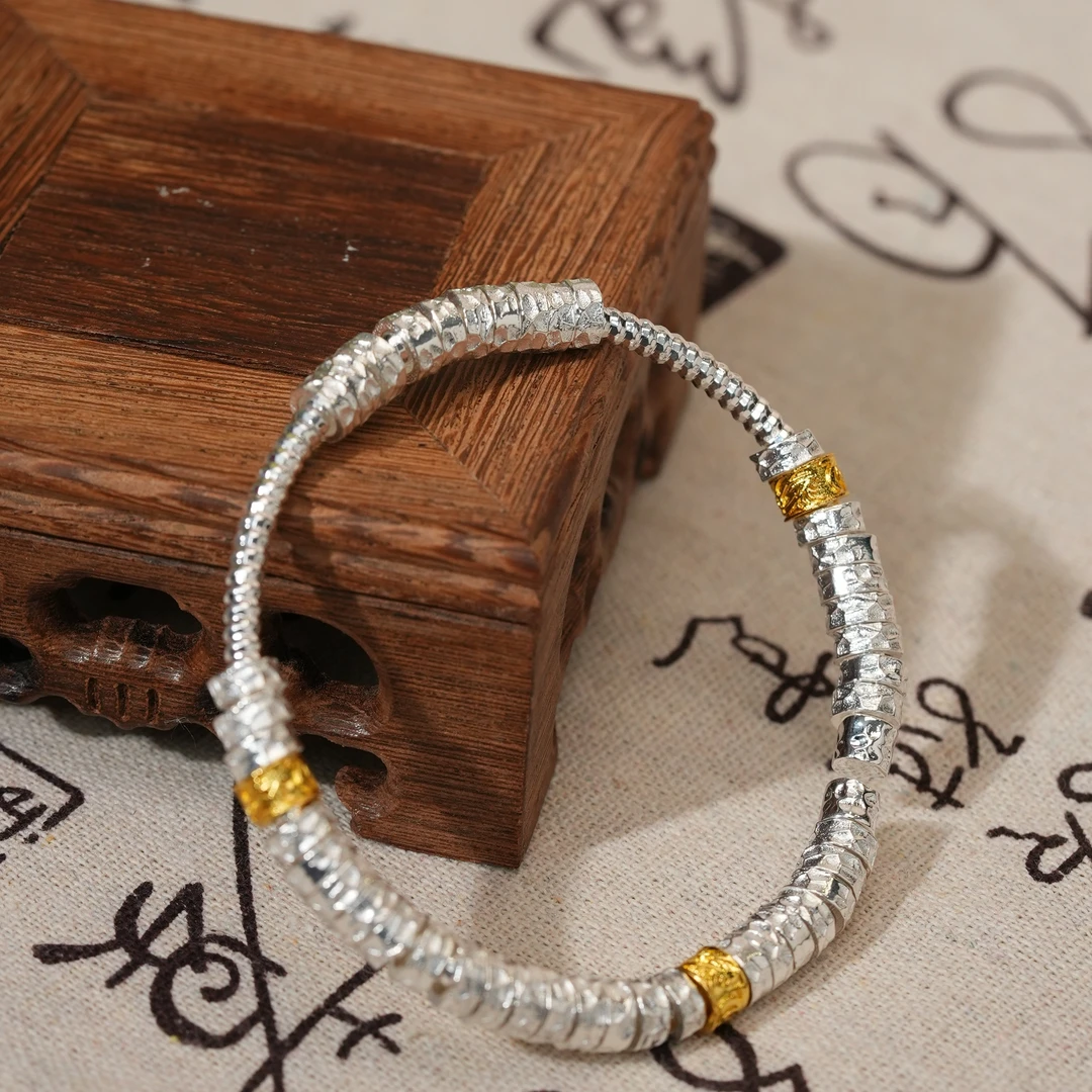 足银手镯 盘缠万贯手镯男女卷草纹平安喜乐开口足银镯子送女友