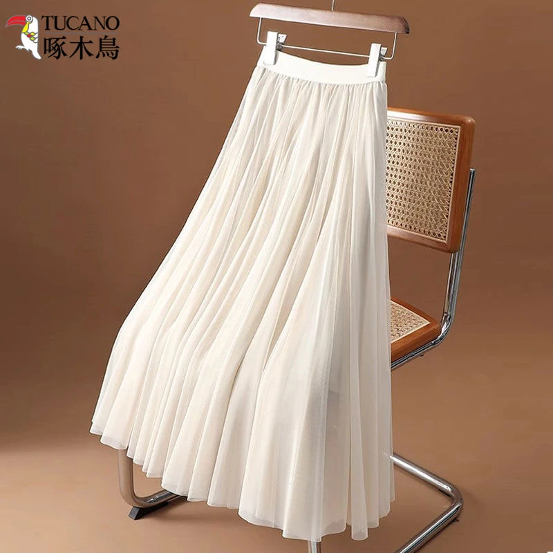 TUCANO/啄木鳥网纱半身裙2025春夏新款气质欧若风温柔网纱半裙