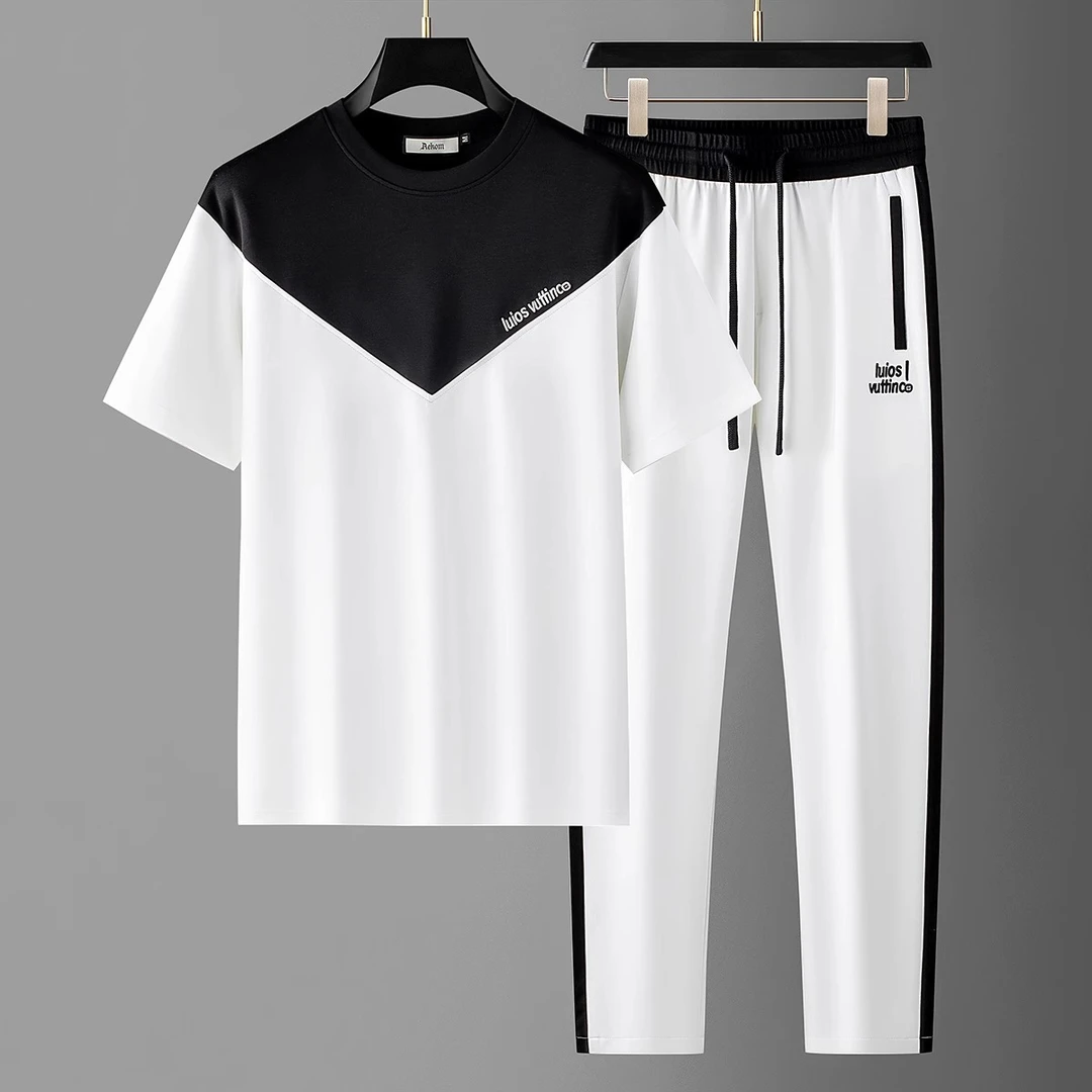 斯洛加霍特夏季撞色拼接冰丝面膜空气层棉男士短袖休闲运动套装