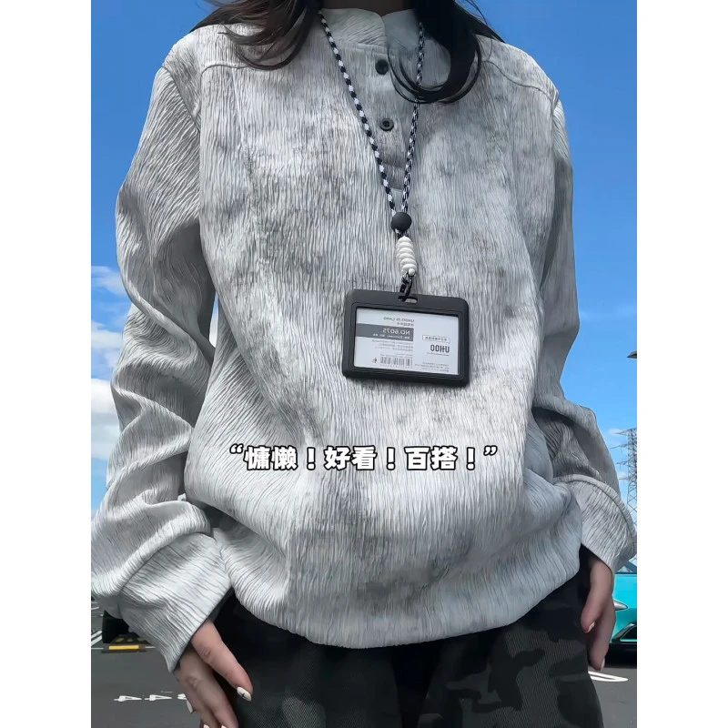 亨利领扎染polo卫衣男女秋季褶皱肌理感长袖T恤小众设计感打底衫