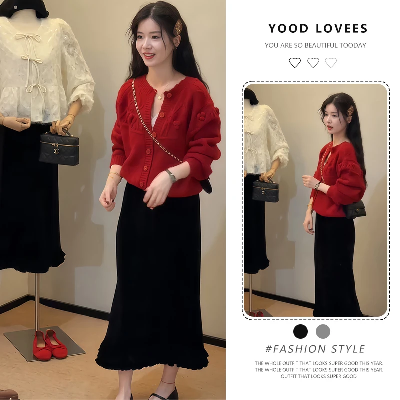 巨好看的秋季穿搭一整套高级感针织衫气质毛衣丝绒半身裙两件套女