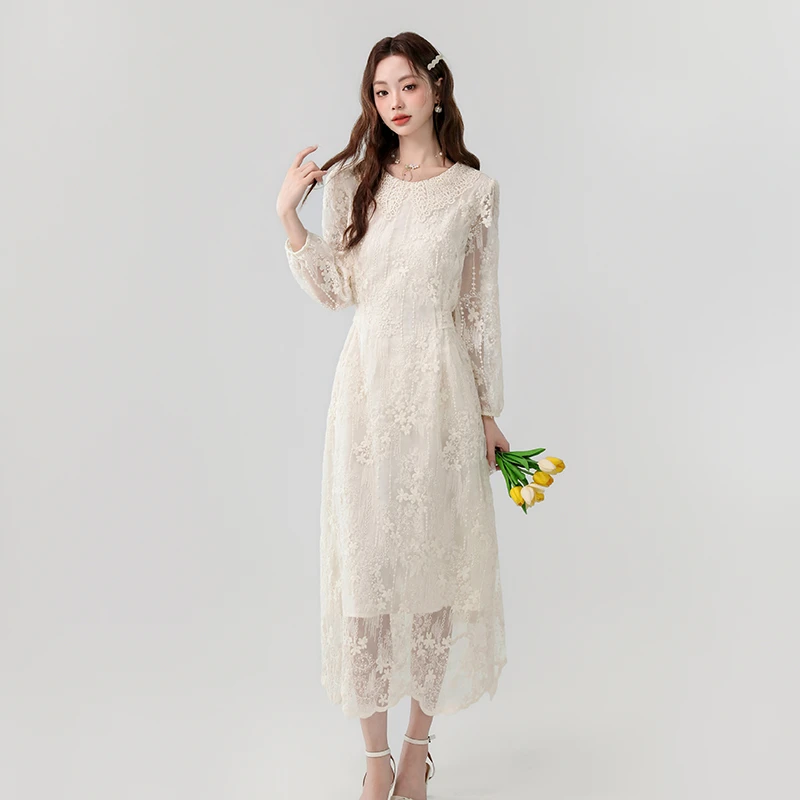 春夏新款法式复古重工刺绣镂空设计长款绑带收腰显瘦蕾丝连衣裙
