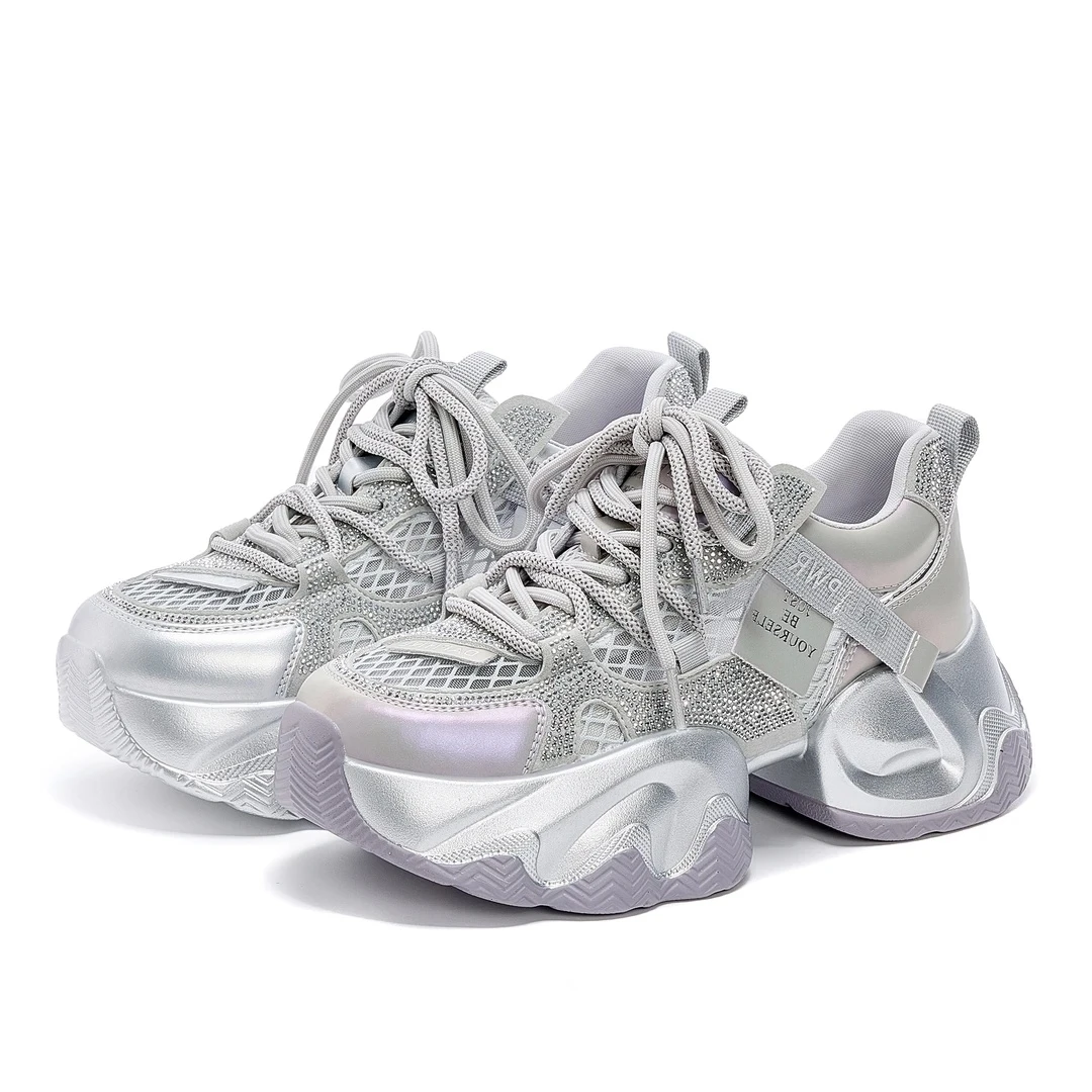 厚底网面透气舒适2025夏季新款厚底增高小个子福音时尚百搭老爹鞋