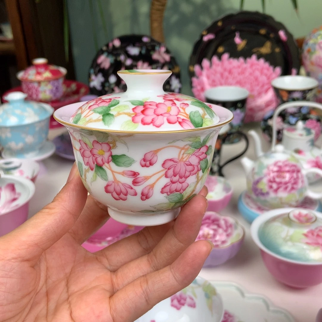 海棠花盖碗手工手绘