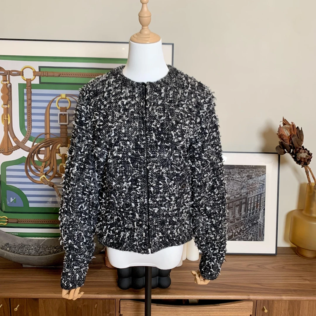 99新 Chanel/香奈儿 壹臻/19B黑白雪花毛呢外套 38码/34740030