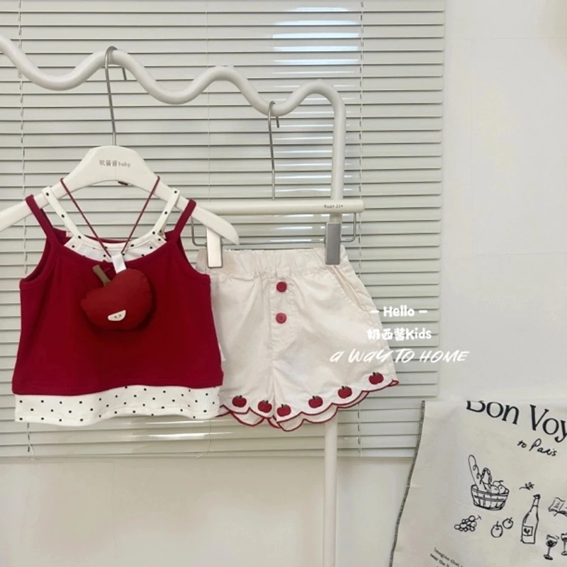 纯色夏季套装森系女童套头夏季上衣波点美式洋气少女风时尚两件套