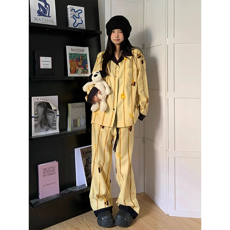韩系卡通条纹开衫睡衣女春秋新款休闲长袖长裤外穿家居服套装ins