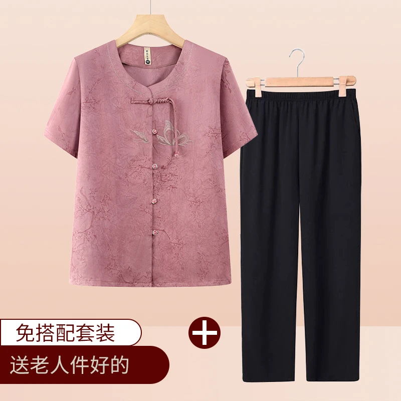 老太太2025夏季新款妈妈短袖两件套装洋气奶奶中老年人女装T恤衫