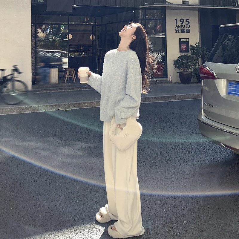 裤长110cm 白色窄版阔腿休闲裤女加长高个子垂坠感超级好秋冬宽松