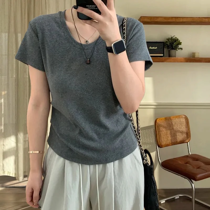 大码200斤欧美风复古小众U领正肩设计感短袖t恤女掐腰显瘦上衣ins