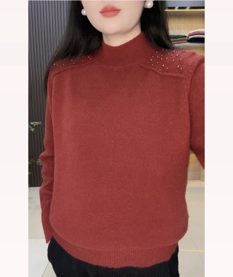 2024秋冬新款肩膀钉珠半高领针织衫时尚洋显瘦女装毛衣打底衫A369