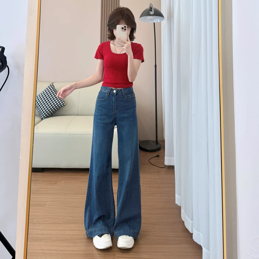 8208夏季新款莱赛尔天丝直筒微喇叭牛仔裤复古蓝色气质款