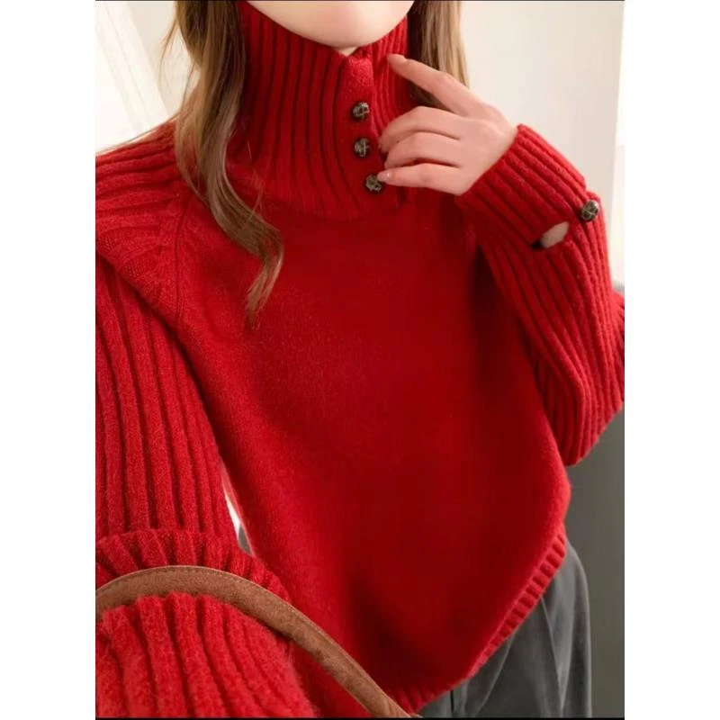 韩版慵懒风加厚高领毛衣女秋冬新款设计感纽扣长袖针织衫套头上衣