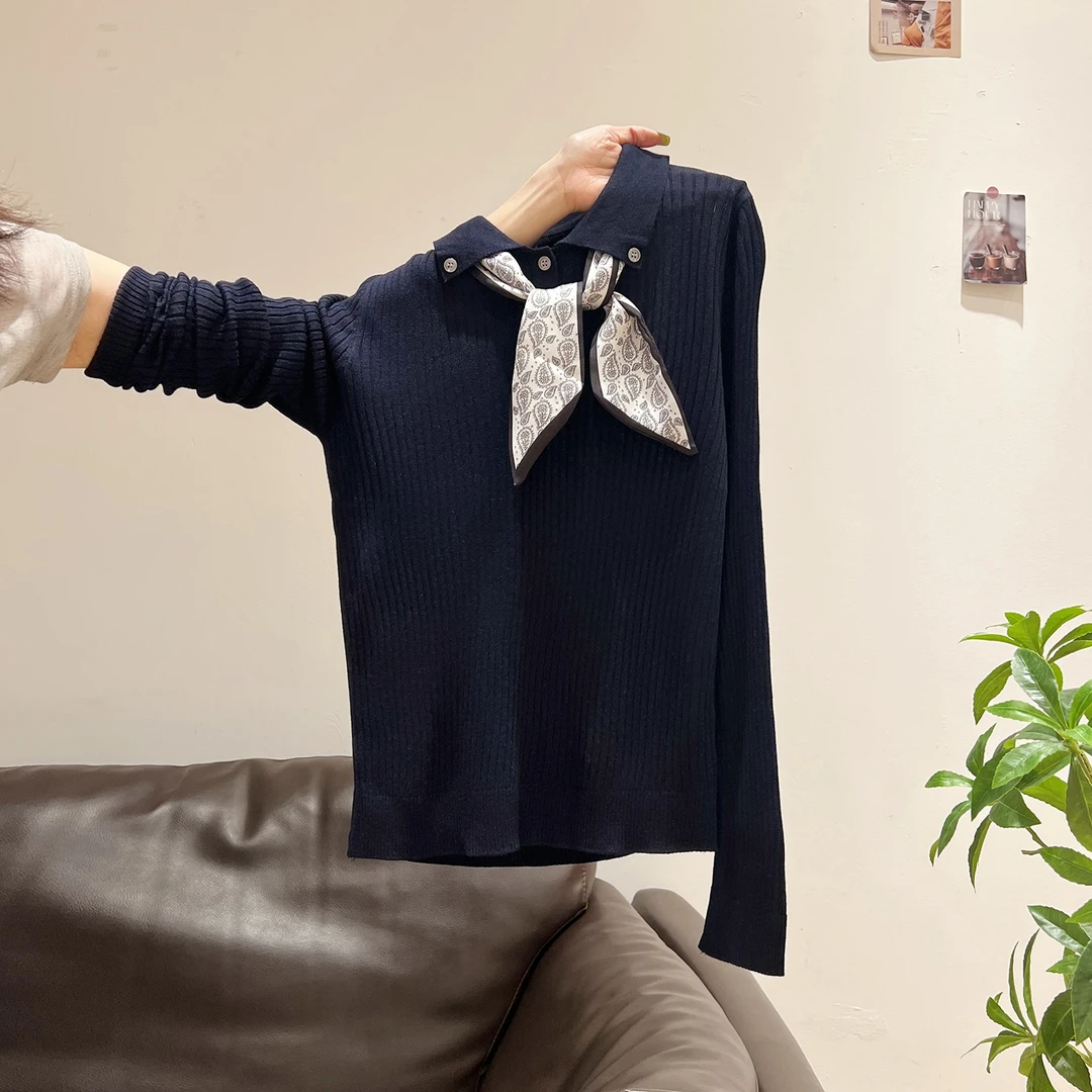 韩系时尚减龄丝巾翻领长袖针织衫女2025秋季新款宽松显瘦百搭上衣