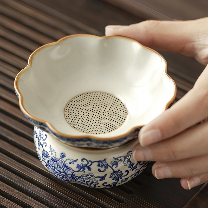 汝窑青花茶漏茶滤全陶瓷一体茶叶过滤器茶水分离泡茶神器泡茶滤网
