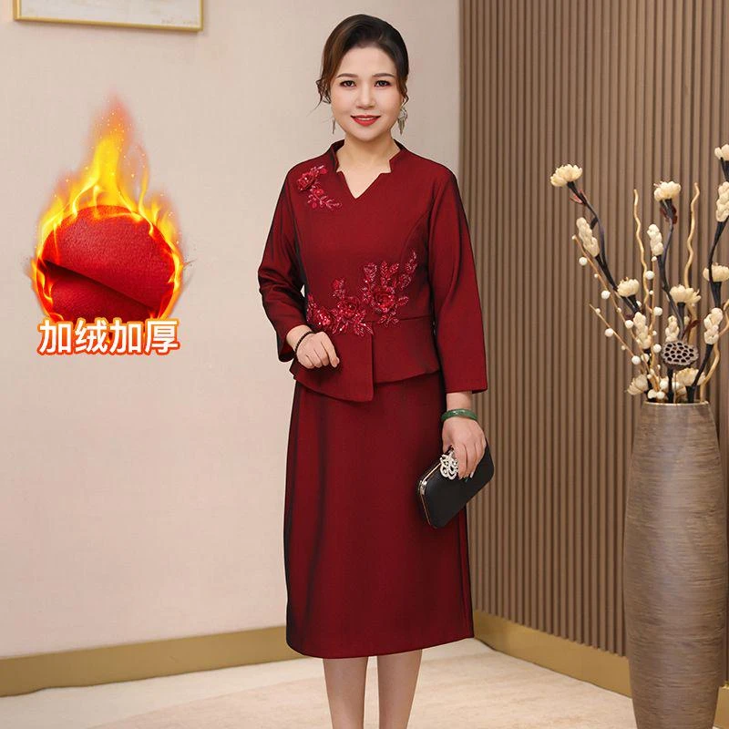 喜婆婆婚宴装礼服连衣裙妈妈装秋冬结婚高级轻奢喜妈妈加绒喜服裙