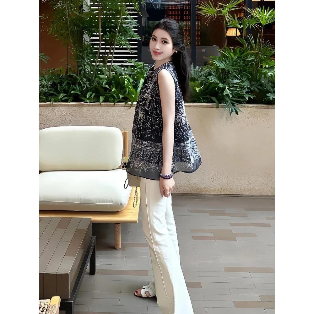 新中式藏蓝色印花上衣女2025夏季新款独特漂亮气质高级感薄款衬衣