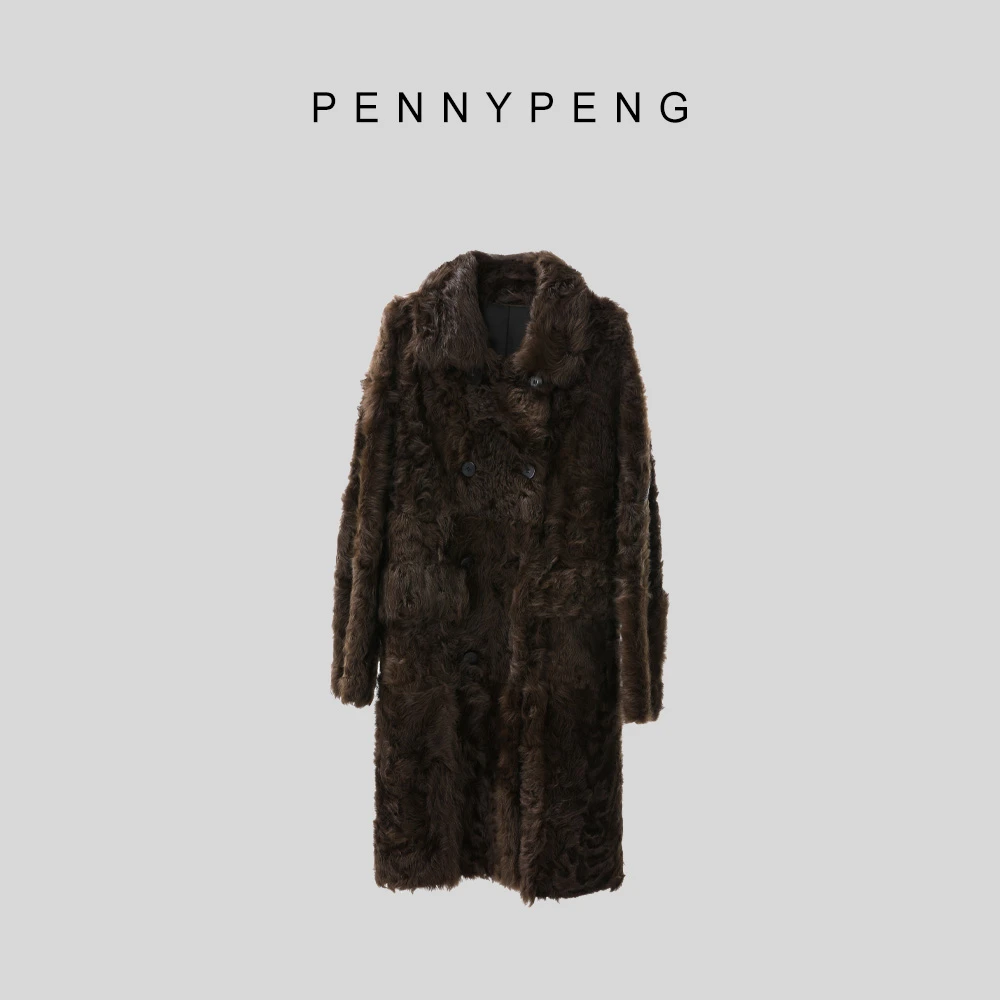 PENNYPENG绝版手册早春气质百搭深咖色小湖羊皮毛一体双排扣外套