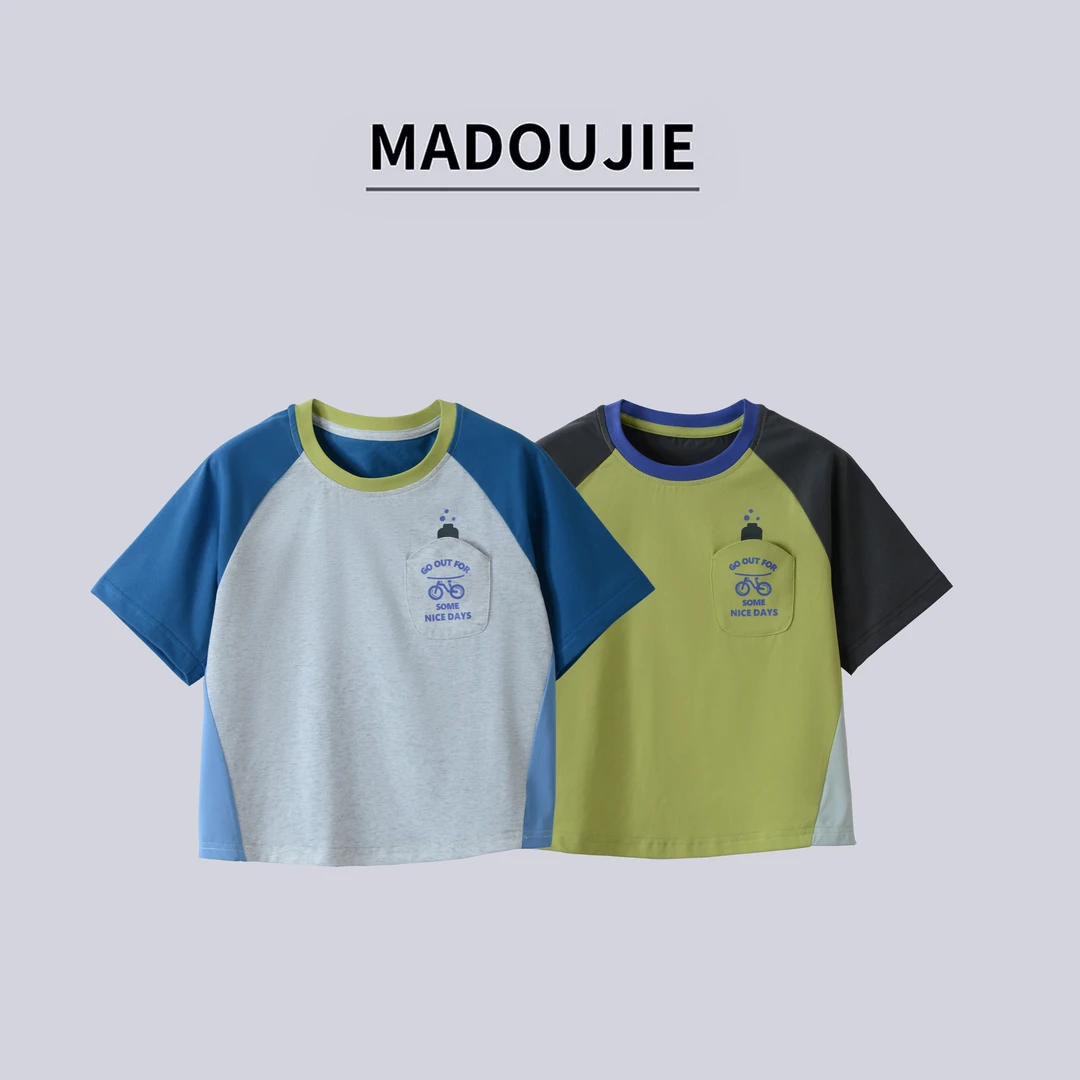 麻豆街【自行车T恤】男童T恤2025新款运动打底衫内搭撞色MD102