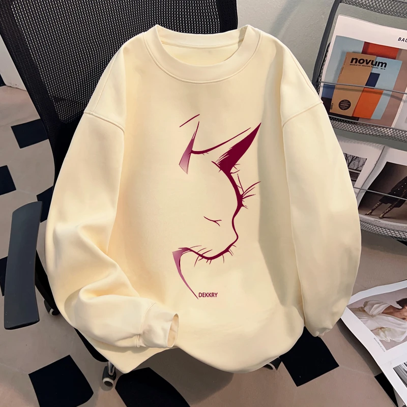 Dekkry潮流猫咪印花纯棉高级风长袖男女秋冬圆领宽松t恤百搭上衣