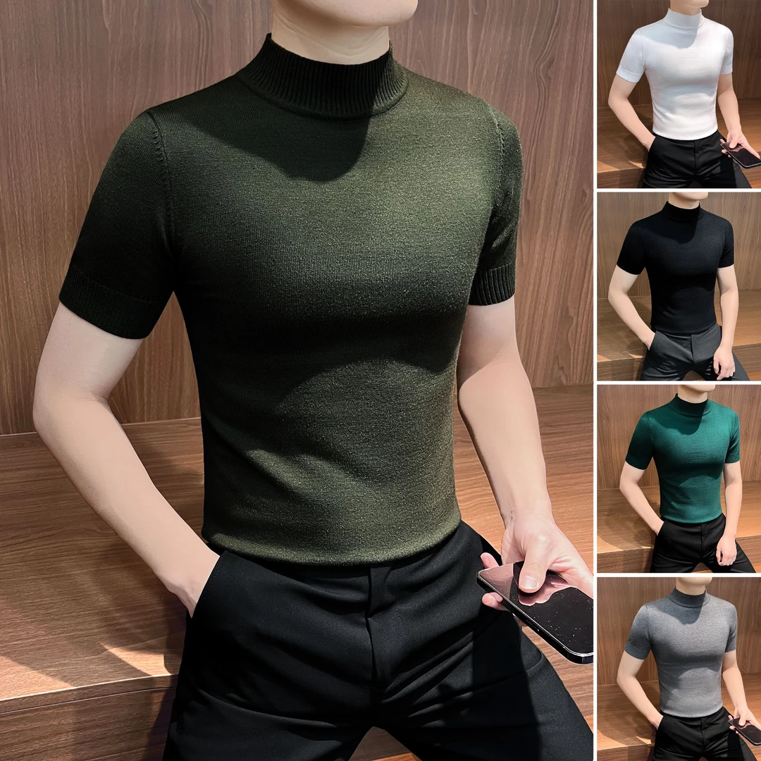 半高领针织t恤短袖男款爆款2025新款秋季痞帅男装毛衣男士打底衫