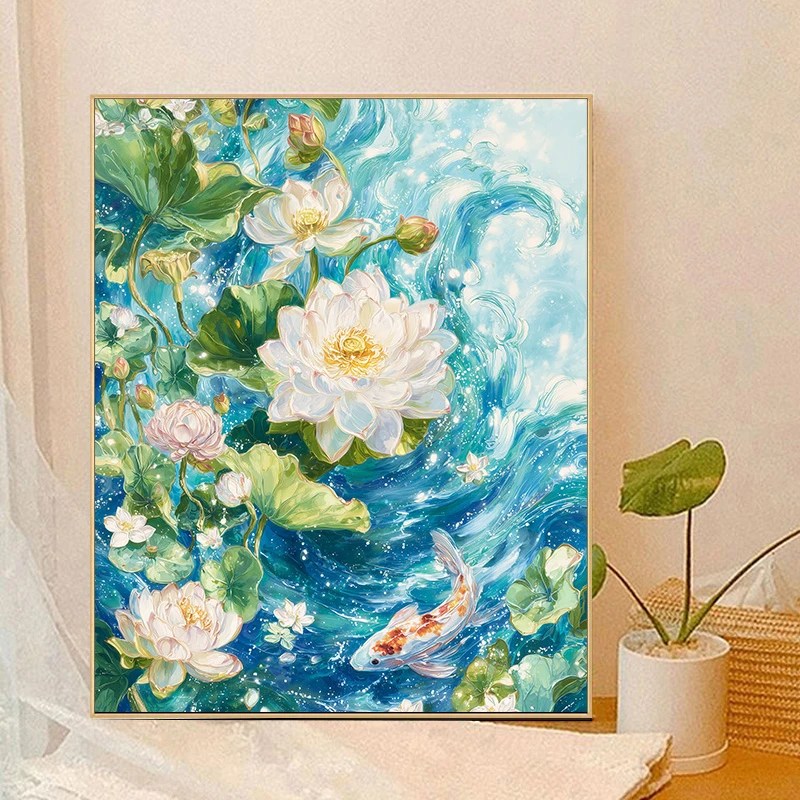 夏日荷花diy填充涂色手绘油彩画手工填色客厅装饰数字油画高级感