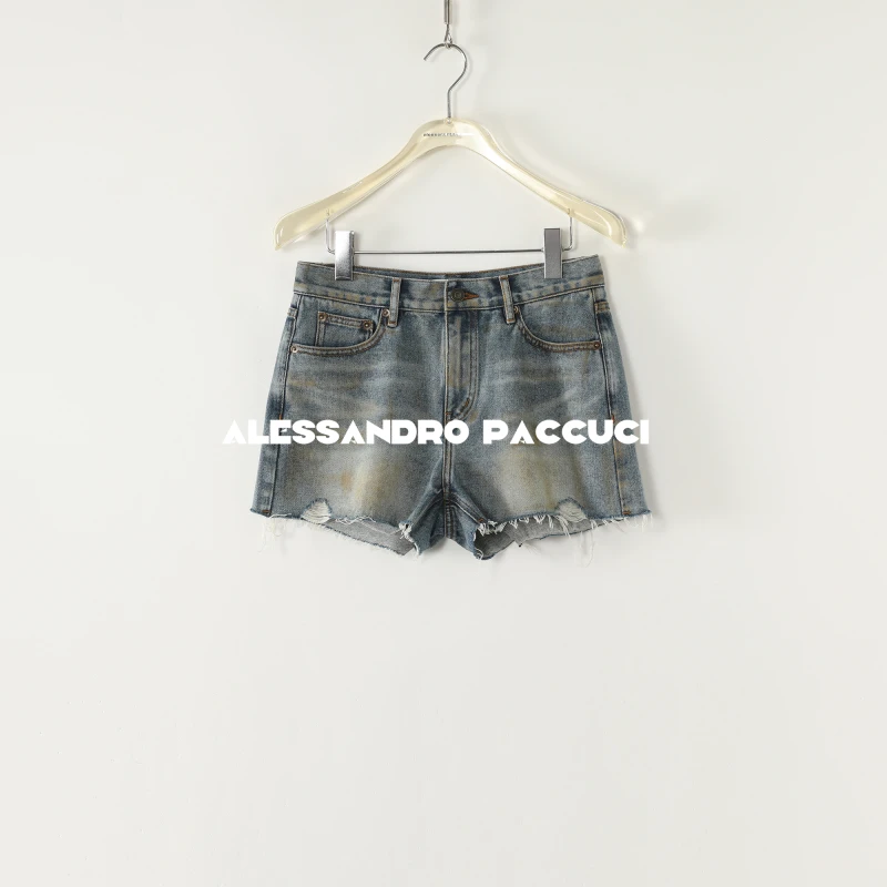 AP洛哥52022ND【埋汰裤】棉质毛边发黄做旧复古时尚百搭牛仔短裤 夏