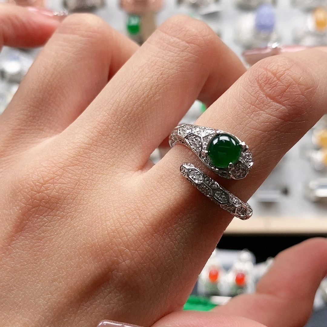 翡翠戒指银S925镶嵌天然翡翠活口戒指