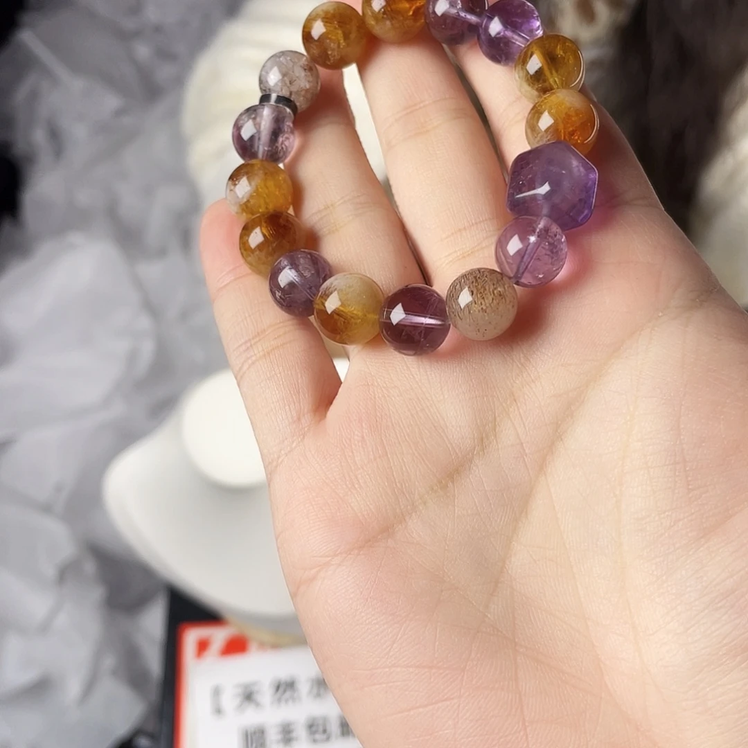 黄晶手串银S925镀金镶嵌