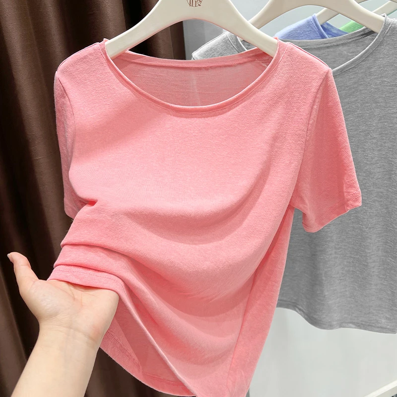 粉色圆领宽松简约百搭短袖上衣夏季新款多巴胺时尚T恤薄款内搭女