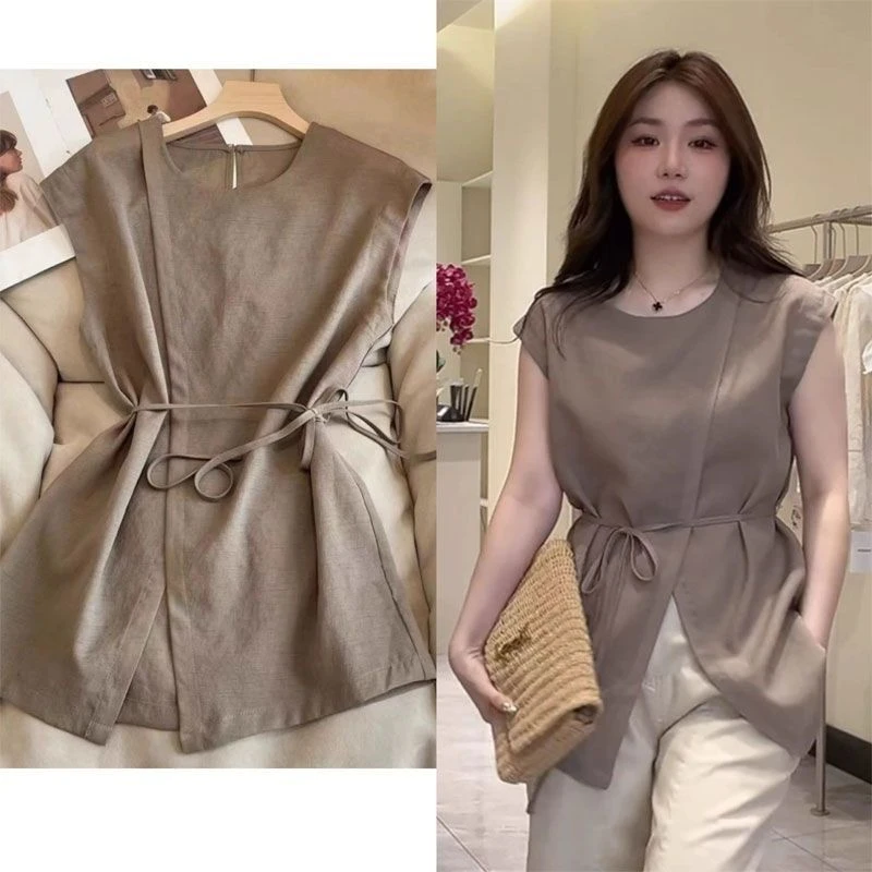 法式开叉系带无袖圆领衬衫女中长款夏季新款纯色显瘦轻熟气质上衣