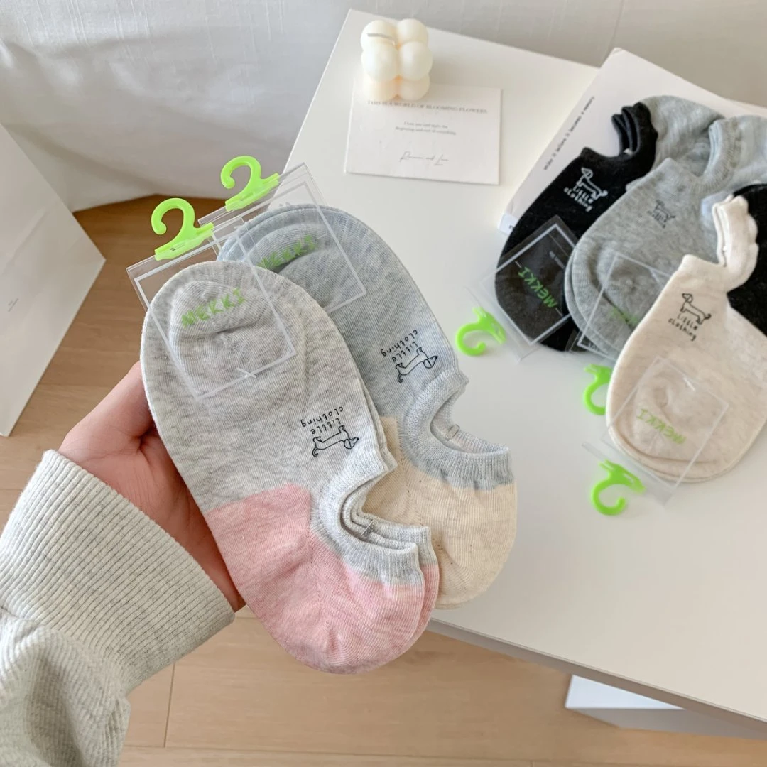夏新款小狗女船袜5033薄棉防滑胶防掉跟隐形元宝袜浅口低帮船袜女