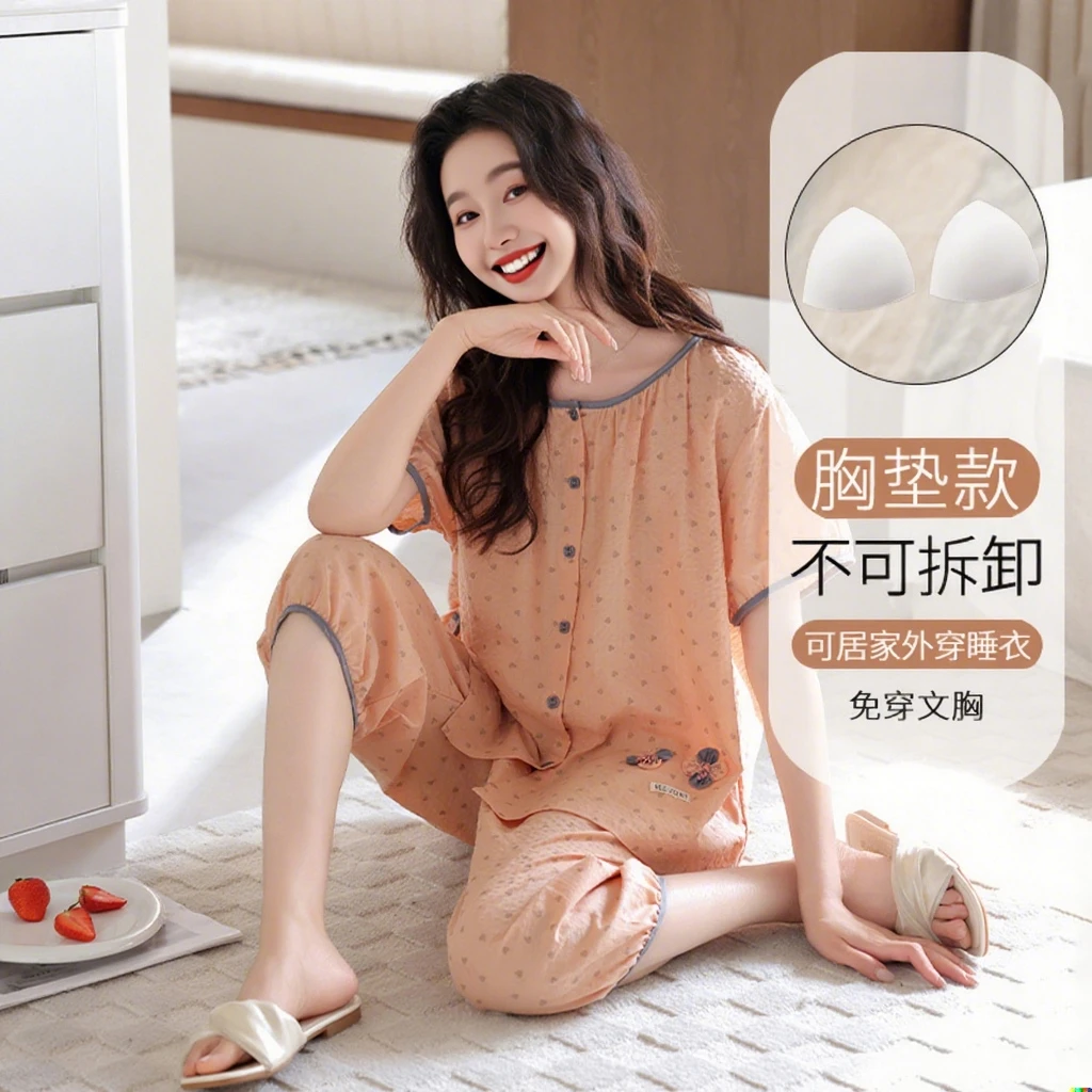 睡衣女士夏季可爱短袖七分裤薄款公主风两件套装宽松家居服可外穿